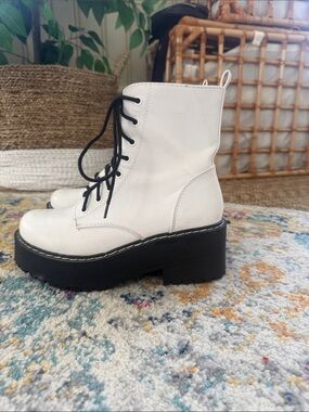 Soda White Lace-Up Platform Combat Boots with Black Sole